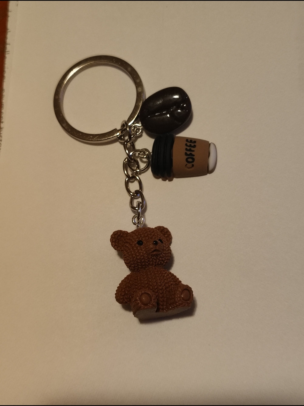 Brown Teddy Bear Keychain with Coffee Cup Charm